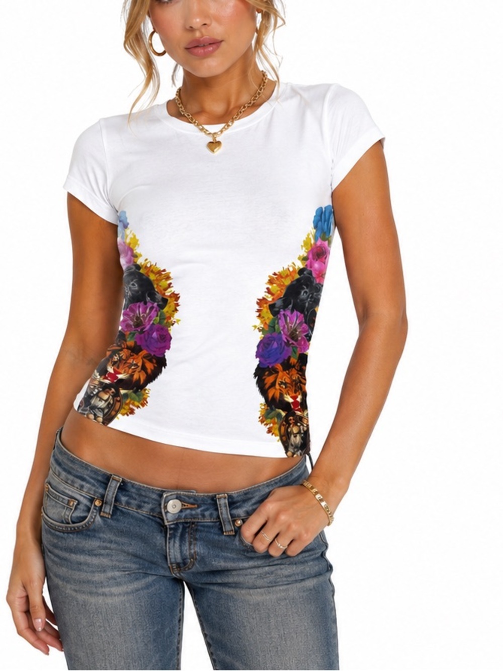 Paco Chicano Christian Audigier White Lion Graphic T-Shirt Floral Tee Medium